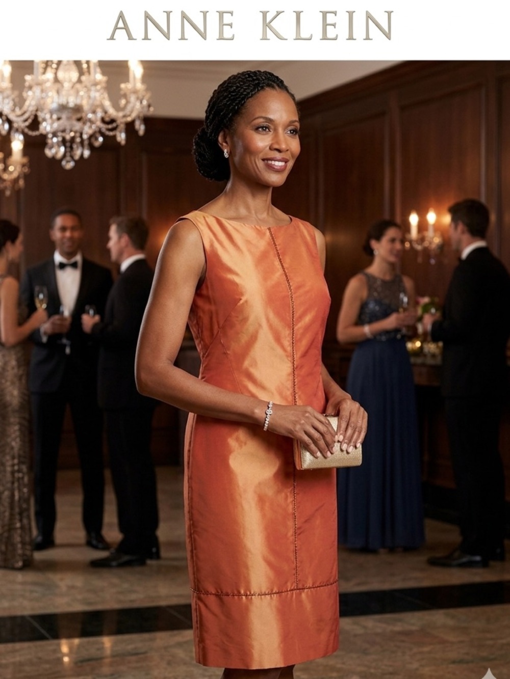 Anne Klein Orange Satin Midi Sheath Dress